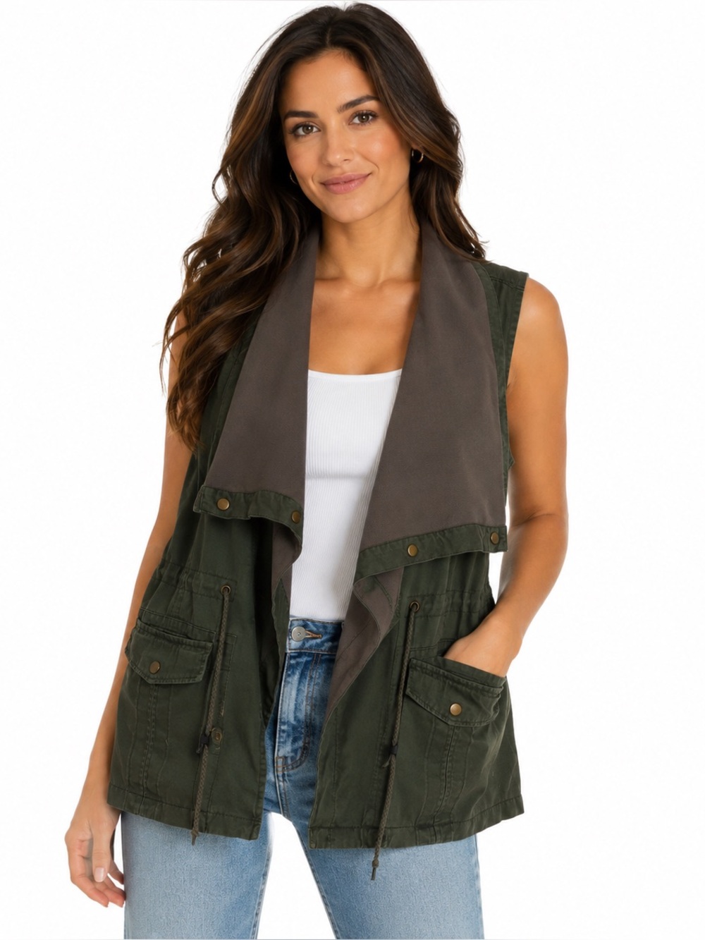 Democracy Women’s Sleeveless Safari Utility Vest Olive Green Size Medium
